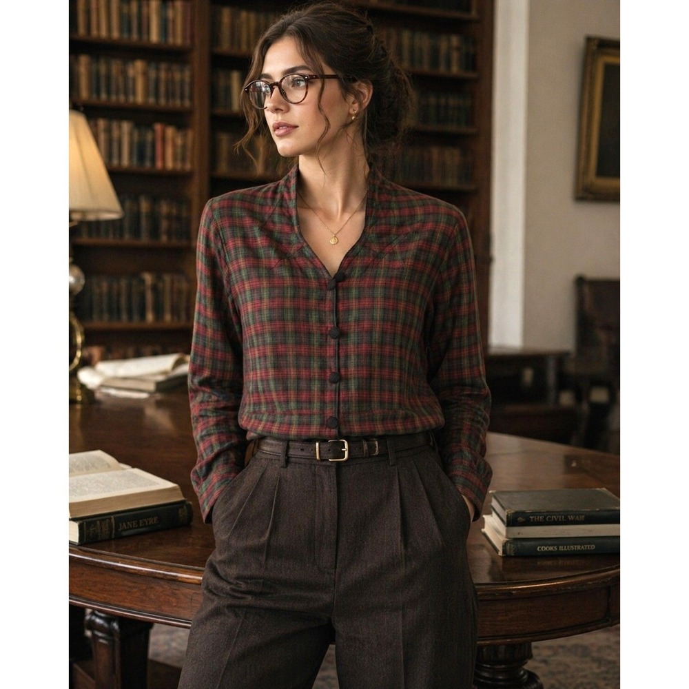 Phool Plaid Long Sleeves Blouse Shirt M Dark Academia Tailored Modest Preppy